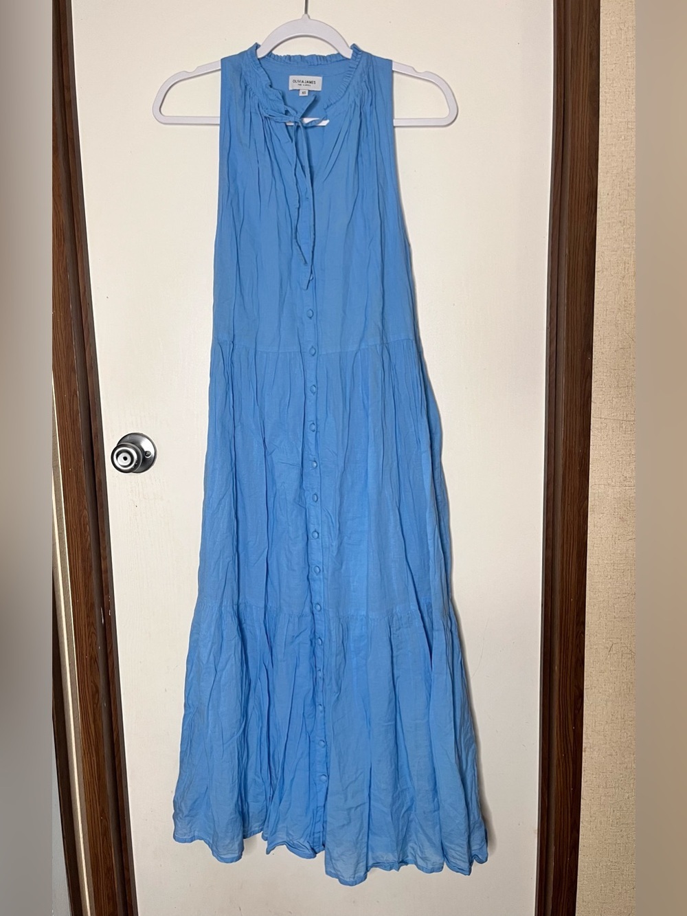Olivia james Sleeveless Sky Blue Tiered Maxi Dress with Tie Neck